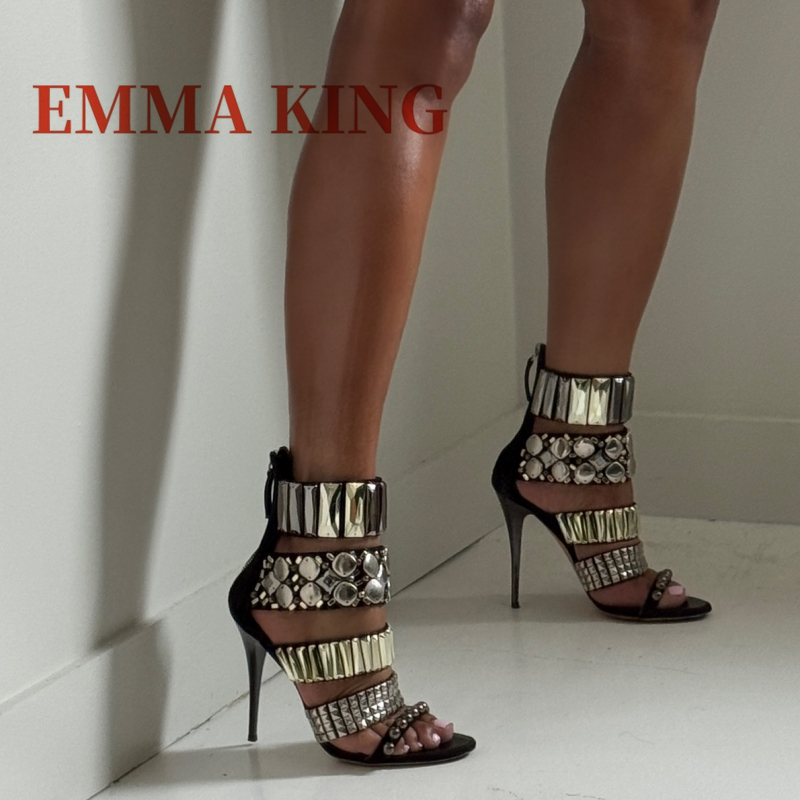 Summer Clothing Sale Women - Black Embellished Ankle Strap Sandals Summer
