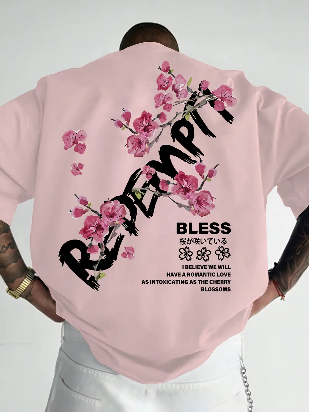 Japanese Summer Clothing Men - Japanese Graffiti Letter Cherry Blossom Element