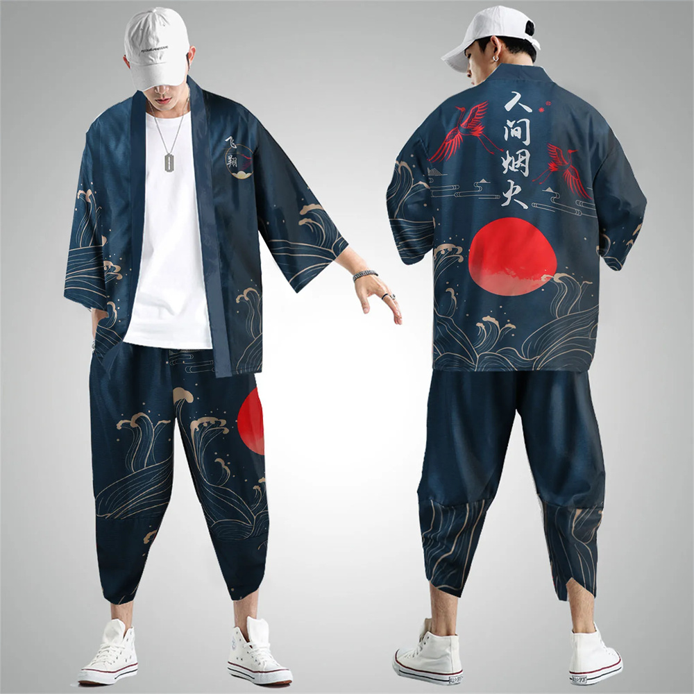 Japanese Summer Clothing Men - Kanagawa Wave Dragon Crane Japanese Cardigan