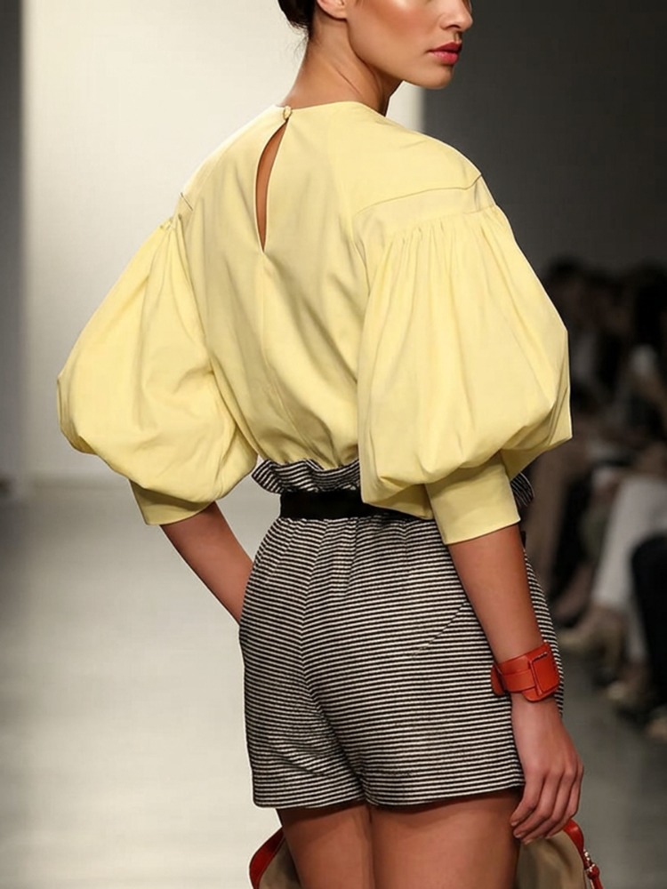 Yellow Summer Clothing - Yeezzi Women Round Neck Asymmetric Pearl