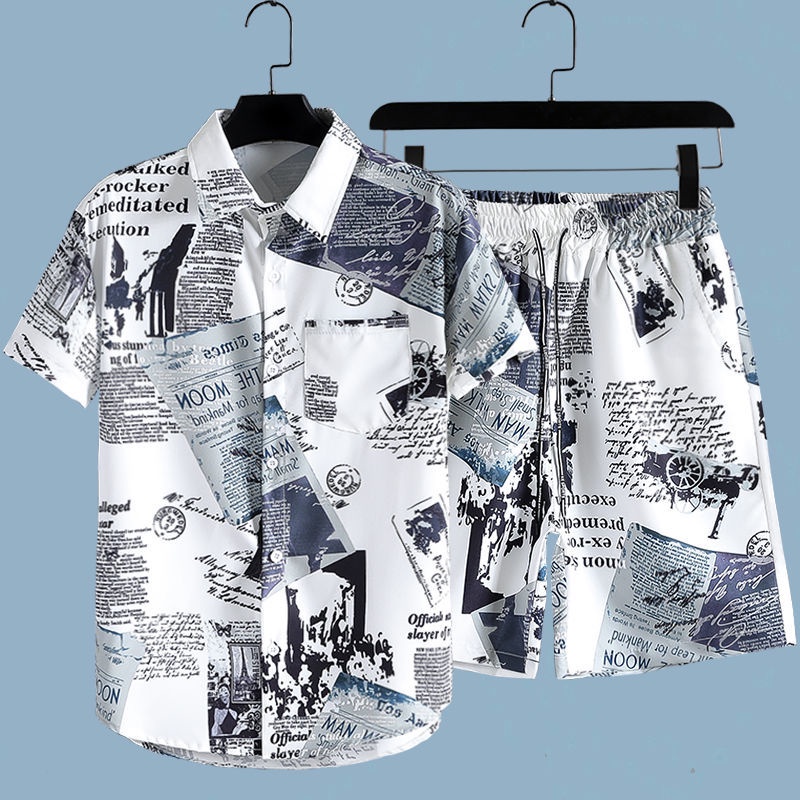 Men's Newspaper Printed 2-piec - огляд і ціна Beach Shirt Hawaiian