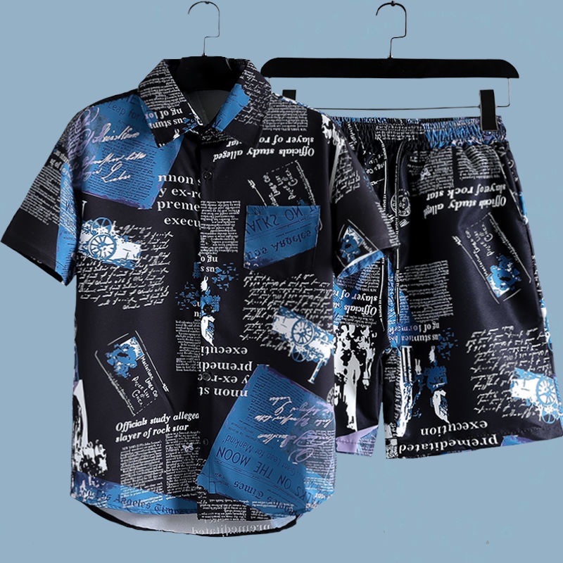 Men's Newspaper Printed 2-piec - огляд і ціна Beach Shirt Hawaiian